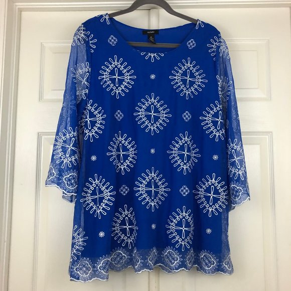 Alfani Blue and White Embroidered Blouse - Picture 2 of 13